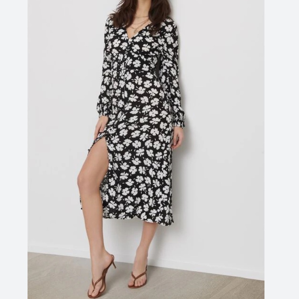 Black and White Floral Midi Dress with Side Slit
